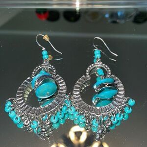 Silver & turquoise bead drop wire earrings‎